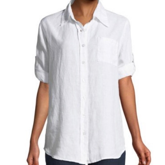 Allen Allen Tops - Allen Allen White Boyfriend Fit Linen Camp Shirt S